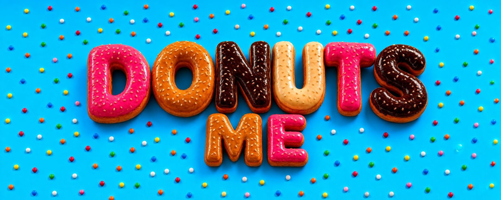 Donuts Me – donut-shaped letters spelling DONUTS ME on a blue background with colorful sprinkles